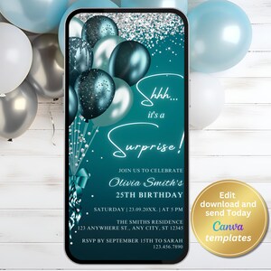 Digital Teal Silver Surprise Birthday Party Invitation, Turquoise, Editable Template, Evite, Instant Download, Phone Evite, E-Invite
