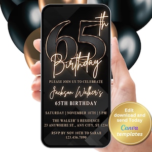 65th Birthday Party Invitation, Black Gold Number Invite, For Men, Digital Invite, Editable Template, Instant Download