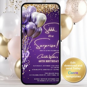 Digital Purple and Gold Surprise Birthday Invitation – Shhh It’s a Surprise – Elegant Purple Balloons Editable Template – Digital Download