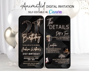 Animated 21st Birthday Invitation for Him, Editable Digital Video Evite, Instant Download