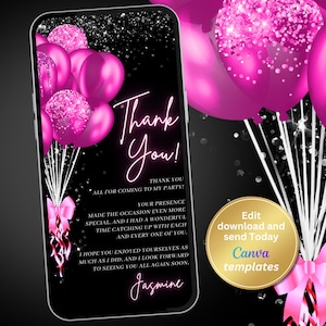 Carte de remerciement numérique d'anniversaire, modèle de remerciement ballons roses fuchsia, téléphone, message texte, modèle modifiable, téléchargement immédiat