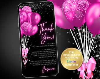 Tarjeta de agradecimiento de cumpleaños digital, plantilla de agradecimiento de globos rosas fuertes, teléfono, mensaje de texto, plantilla editable, descarga instantánea