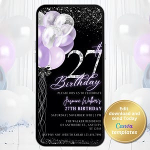 Digital 27th Birthday Party Invitation for Women, Birthday Silver Diamond Numbers, Black Purple Invite, Editable Template, Instant Download