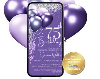 Text Message Evite for 75th Birthday Celebration - Purple Violet Balloons & Silver Glitter Design - Editable Digital Evite, Instant Download