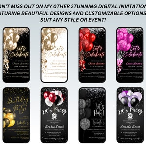 May include: A collection of digital birthday invitations displayed on smartphones. Each design features balloons, confetti, and the text "Let's Celebrate" or "Birthday Party!" in various colors, with customizable details.