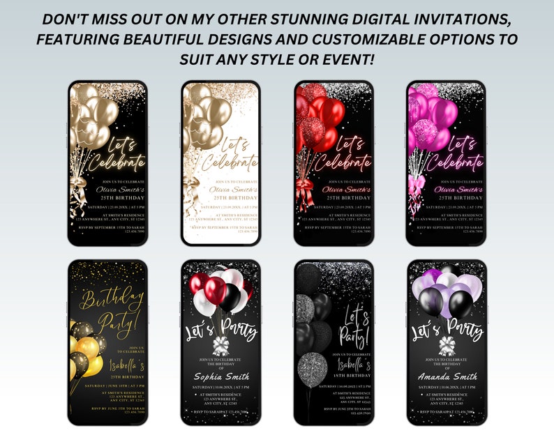 May include: A collection of digital birthday invitations displayed on smartphones. Each design features balloons, confetti, and the text "Let's Celebrate" or "Birthday Party!" in various colors, with customizable details.