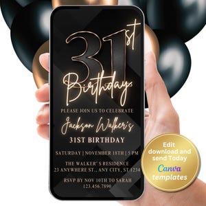 Faire-part de fête d'anniversaire pour 31 ans, numéro d'invitation en or noir, pour homme, invitation numérique, modèle modifiable, téléchargement immédiat