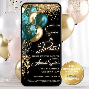 Save the Date-uitnodiging – groenblauwe en gouden glitterballonnen – bewerkbare digitale sjabloon – moderne Save the Date-kaart – direct downloaden