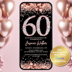 Invito digitale per la festa del 60° compleanno, invito con diamanti in oro rosa, messaggio di testo telefonico, invito digitale, modello modificabile, download immediato