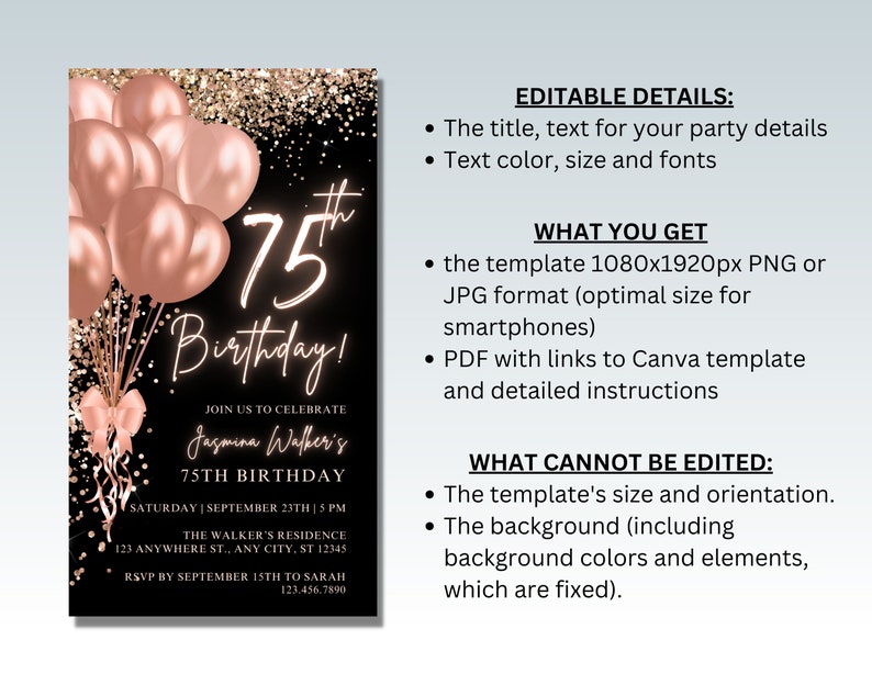 75th Text Digital 75th Birthday Party Invitation, Black Rose Gold, Phone Text ...