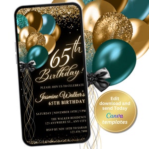 Faire-part numérique pour 65e anniversaire, carte électronique 65e anniversaire, SMS téléphonique, invitation numérique, modèle modifiable, téléchargement immédiat