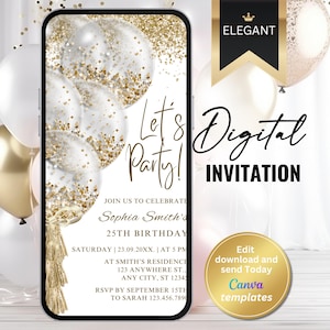 Faire-part d'anniversaire blanc et or élégant pour femme - Invitation numérique pour le dîner ou le brunch d'anniversaire - pour tous les âges - téléchargement immédiat