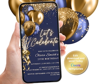 Digitale Marine Gold Geburtstag Party Einladung, Marine Blau Gold Luftballons, Telefon Text Nachricht Evite, bearbeitbare Vorlage, Sofortiger Download