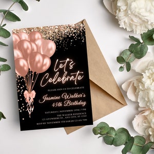 Editable Black Rose Gold Birthday Party Invitation, Printable 5x7 Invitation, Evite, Editable Template, Instant Download