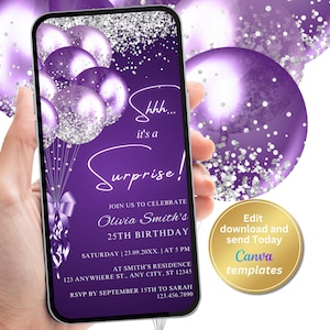 Digital Surprise Birthday Party Invitation, Purple Silver Glitter Surprise Invite, Editable Template, Evite, Instant Download, Phone Evite