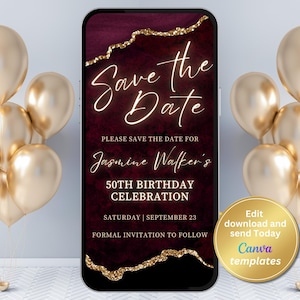 Invito modificabile con agata color oro bordeaux Save The Date - Download immediato, per donne, invito telefonico, modello di messaggio di testo, qualsiasi età