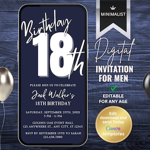Minimalist 18th Birthday Invitation for Men – Editable Digital Template – Modern Navy Blue Phone Invite – Minimal Adult Party Invitation