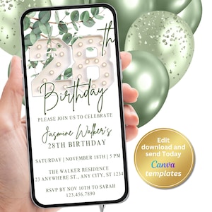 Digital 28th Birthday Party Invitation, Women 28th Birthday, Phone Text Message, Digital Invite, Editable Template, Instant Download