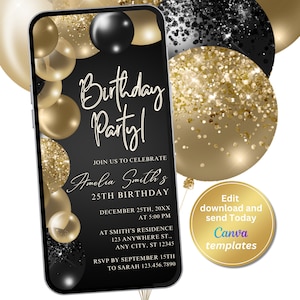 Digital Gold and Black Balloons Birthday Invitation, Birthday Party, Editable Template, Any Age, Evite, Instant Download, Phone Evite