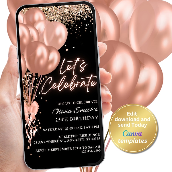 Digital Black Rose Gold-Geburtstags-Party Einladung, Rose Gold-Luftballons, Telefon-Textnachricht Evite, bearbeitbare Vorlage, Sofort-Download