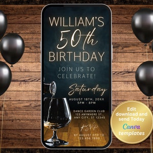 Faire-part de fête du 50e anniversaire pour homme modifiable - thème whisky - téléchargement immédiat, modifiable pour tout âge
