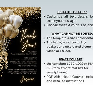 Black and Gold Balloons Birthday Thank You Card, Editable Template ...
