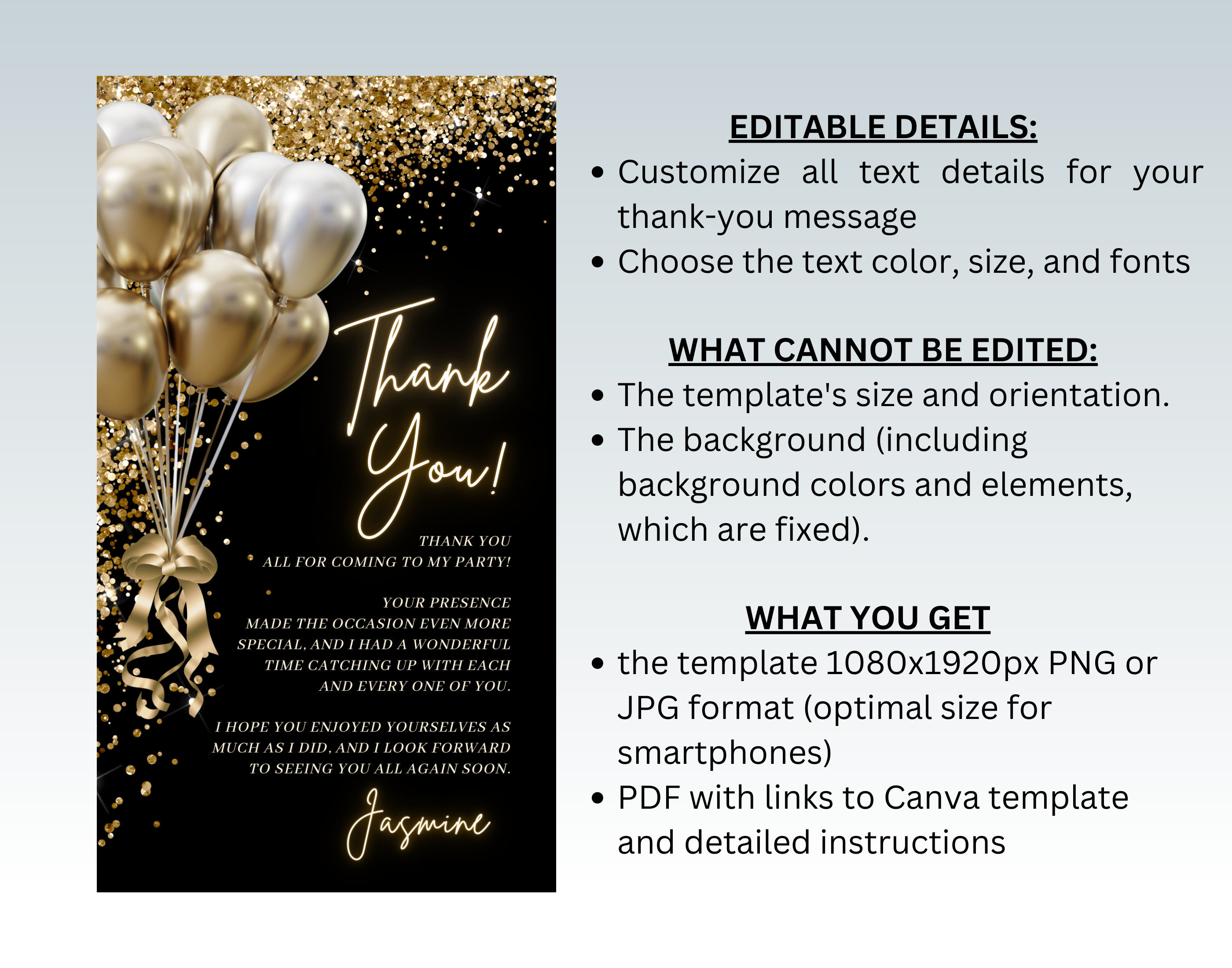 Black and Gold Balloons Birthday Thank You Card, Editable Template ...