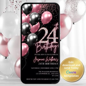 Invitación digital para fiesta de cumpleaños número 24 para mujeres, invitación en oro rosa, mensaje de texto telefónico, invitación digital, plantilla editable, descarga instantánea