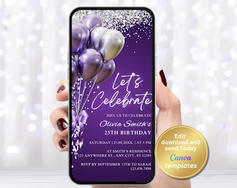 Digital Purple Birthday Invitation, Editable Template, Instant Download