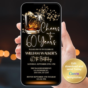 Whiskey Birthday Invitation - 60th Birthday - Any Age - Whiskey Theme - Editable Template - Cheers to 60 Years - Instant Download