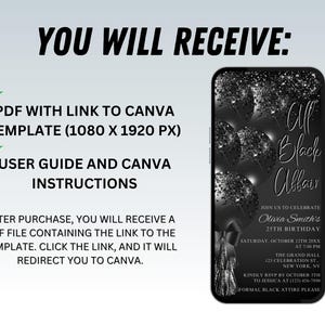 May include: A black and silver digital invitation template for a 25th birthday party. The invitation features a black background with silver glitter and balloons. The text "All Black Affair" is written in a bold, silver font. The invitation includes the party details, including the date, time, location, and RSVP information. The text "Formal Black Attire Please" is written in a smaller, silver font at the bottom of the invitation.