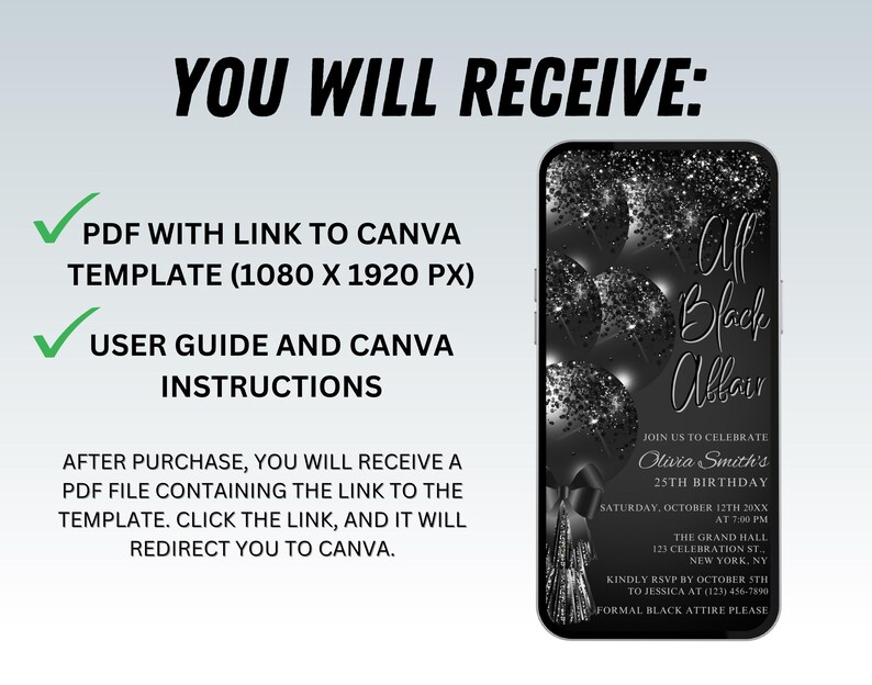 May include: A black and silver digital invitation template for a 25th birthday party. The invitation features a black background with silver glitter and balloons. The text "All Black Affair" is written in a bold, silver font. The invitation includes the party details, including the date, time, location, and RSVP information. The text "Formal Black Attire Please" is written in a smaller, silver font at the bottom of the invitation.