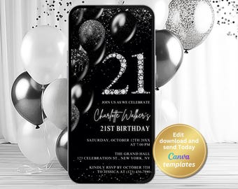 Invitación digital para 21 cumpleaños, color negro, descarga instantánea