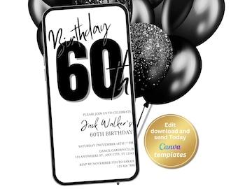 Minimalist 60th Birthday Invitation for Men and Women - Editable Digital Evite, Instant Download