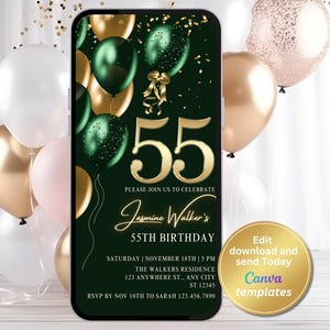 55th Birthday Party Invitation for Women, Emerald Green Gold Digital Invite, Instant Download