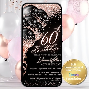 Digital Black Rose Gold 60th Birthday Party Invitation, Womens Birthday, Text Message, Digital Invite, Editable Template, Instant Download