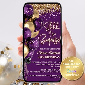 Digital Surprise Birthday Party Invitation, Shhh it&#39;s a Surprise, Purple and Gold Invite, Birthday Invitation, Instant Download Template