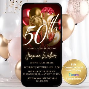 Digitale Einladung zum 50. Geburtstag, für Frauen, Schwarz Rot Gold, Telefon Textnachricht, digitale Einladung, bearbeitbare Vorlage, Sofort Download