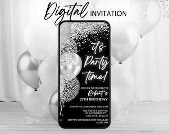 Black Silver Birthday Invitation, Men’s Party Invite, Editable Canva Template (Instant Download)