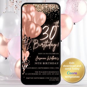 Digitale uitnodiging voor 30e verjaardagsfeestje, zwart roségoud, telefoontekstbericht Evite, bewerkbare sjabloon, direct downloaden