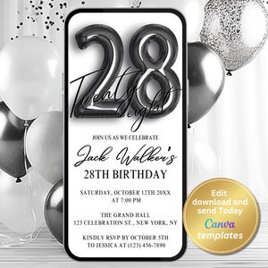 Minimalist 28th Birthday Party Invitation – Modern Twenty Eight Digital Party Evite | Editable Black and White Invite – Instant Download