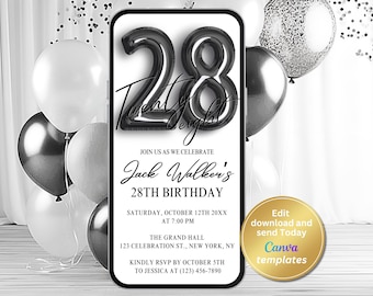 Minimalist 28th Birthday Evite, Black and White, Canva Template (Digital Download)