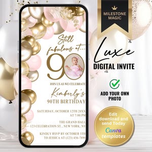 90th Birthday Invitation for Women with Photo – Editable Canva Template – Elegant Digital Invite for Milestone Party – Instant Download
