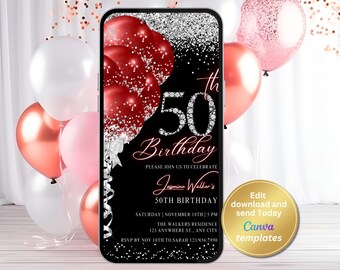 Invito per il 50° compleanno per donne, invito per festa in nero e rosso, palloncini rossi glitterati, modello digitale su Canva, invito modificabile