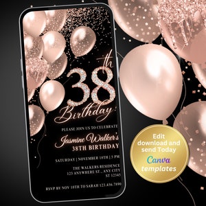 Digital 38th Birthday Party Invitation, Rose Gold Invite, Phone Text Message, Digital Invite, Editable Template, Instant Download