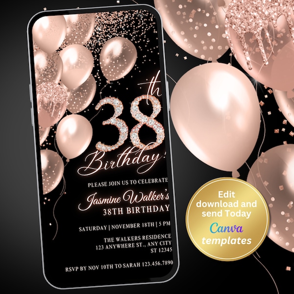 Digital 38th Birthday Party Invitation, Rose Gold Invite, Phone Text Message, Digital Invite, Editable Template, Instant Download