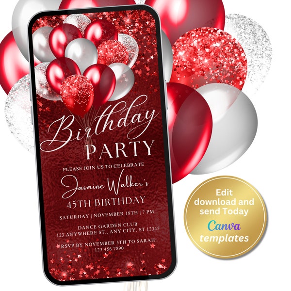 Digital Luxury Red Birthday Party Invitation, Red Silver White Balloons, Birthday Party Invite, Editable Template, Instant Download