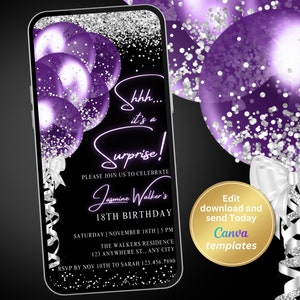 Digital Black Purple Surprise Birthday Party Invitation, Balloons Phone Text Message, Digital Invite, Editable Template, Instant Download