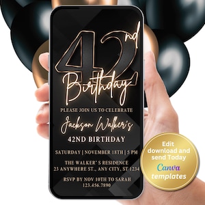 42 Geburtstag Party Einladung, schwarz Gold Zahl einladen, für Männer, digitale einladen, bearbeitbare Vorlage, Sofort Download
