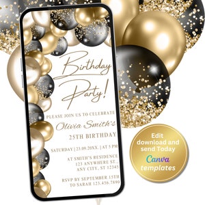Invito alla festa di compleanno in oro nero bianco digitale, messaggio di testo telefonico Evita, modello modificabile, download istantaneo